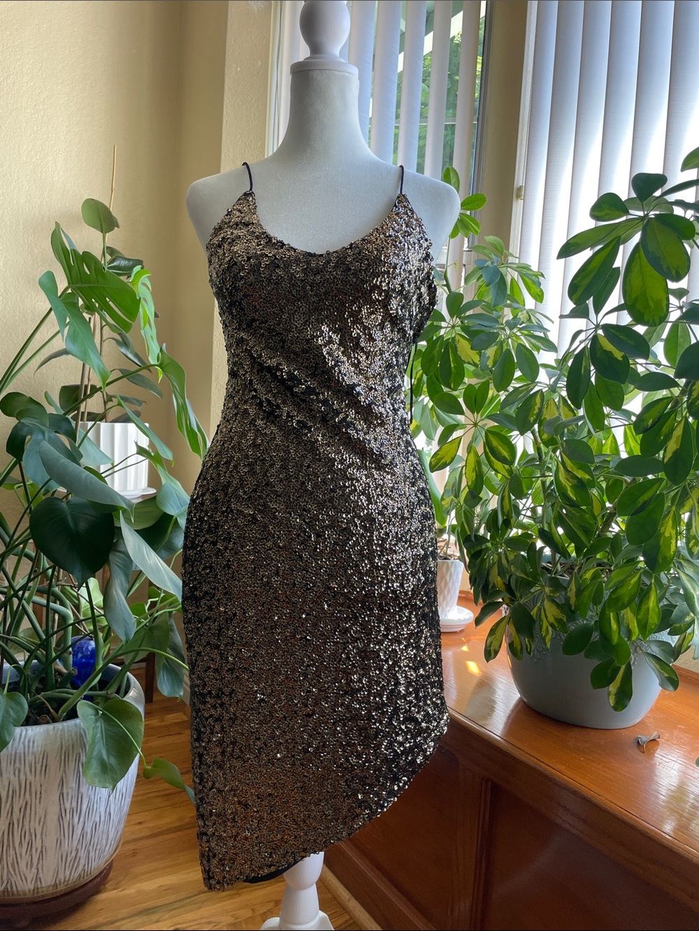 Wish Metallic Gold Sequin Asymmetrical Slip Dress NWT XXS